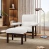 Modern Accent Chair With Ottoman, Mid Century Lounge Chair With Footrest, Comfy Fabric Armchair Upholstered Set With Solid Wood Frame For Living Room - White - Image 5