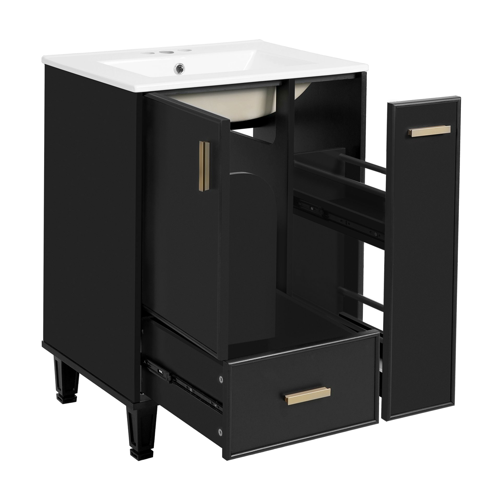 Modern Solid Wood And 24" Bathroom Vanity With Sink, Deep Drawer, Door Shelf, 2 Tier Basket - Black - Image 12