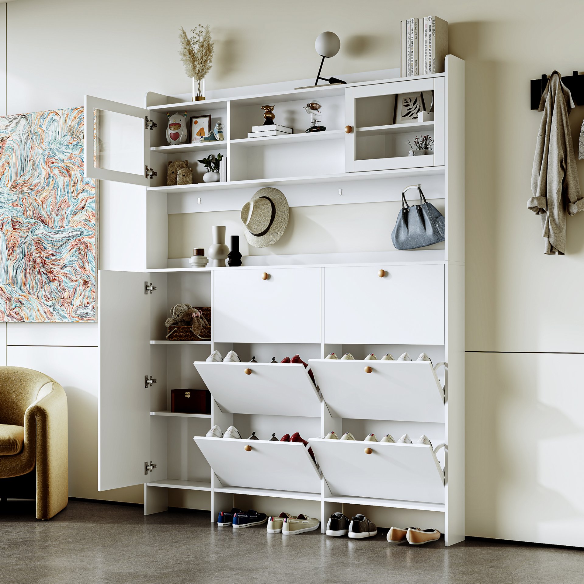Multifunctional Tipping Bucket Shoe Cabinet With Storage Shelf & 6 Flip Drawers, Large Hall Tree With Tempered Glass Doors, Foyer Cabinet With 4 Hooks For Hallway - White - Image 2