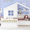 Twin Size House Bed With Sofa, Kids Platform Bed With 2 Drawers And Storage Shelf - White - Image 14