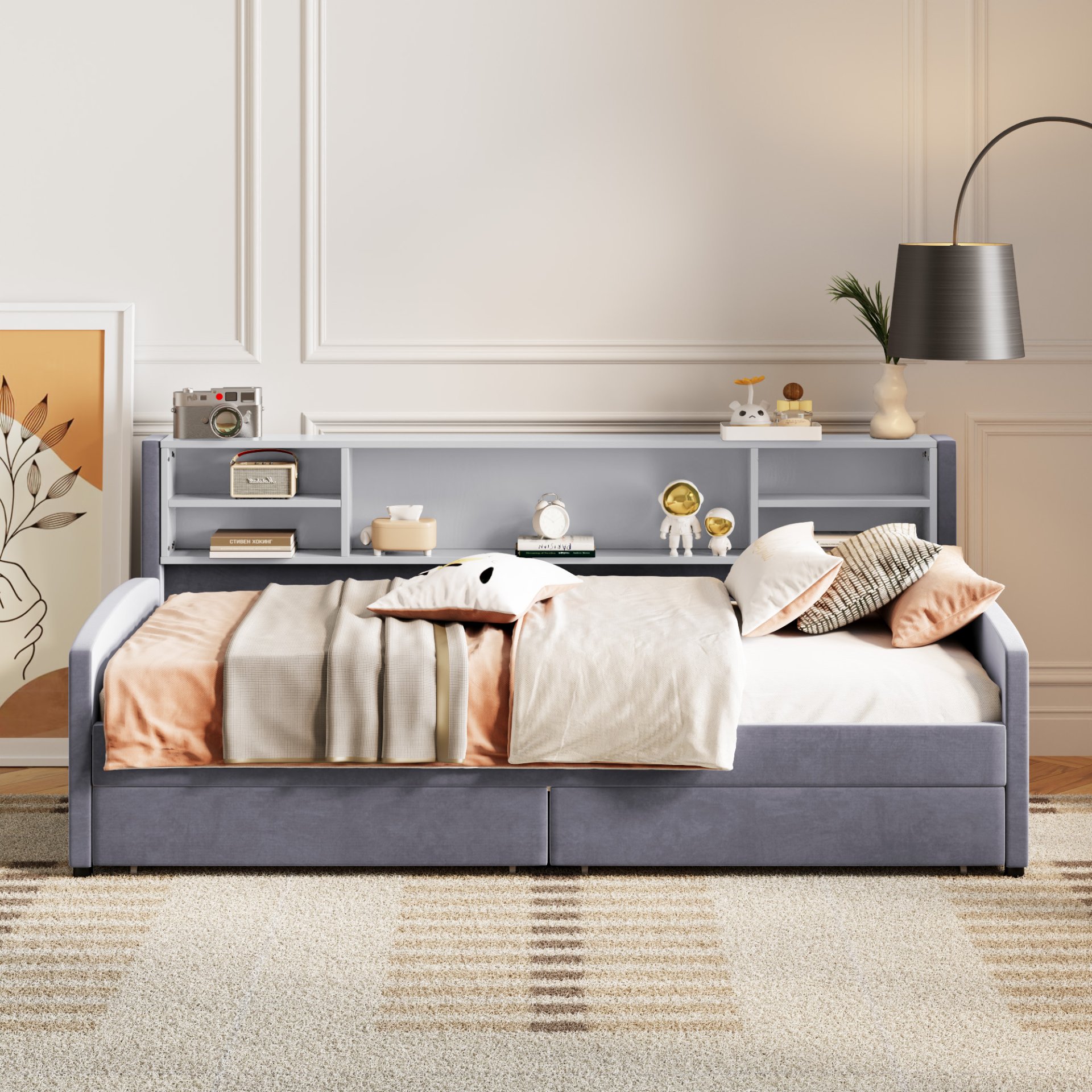 Twin Size Upholstered Platform Bed With Storage Drawers And Headboard - Gray - Image 6
