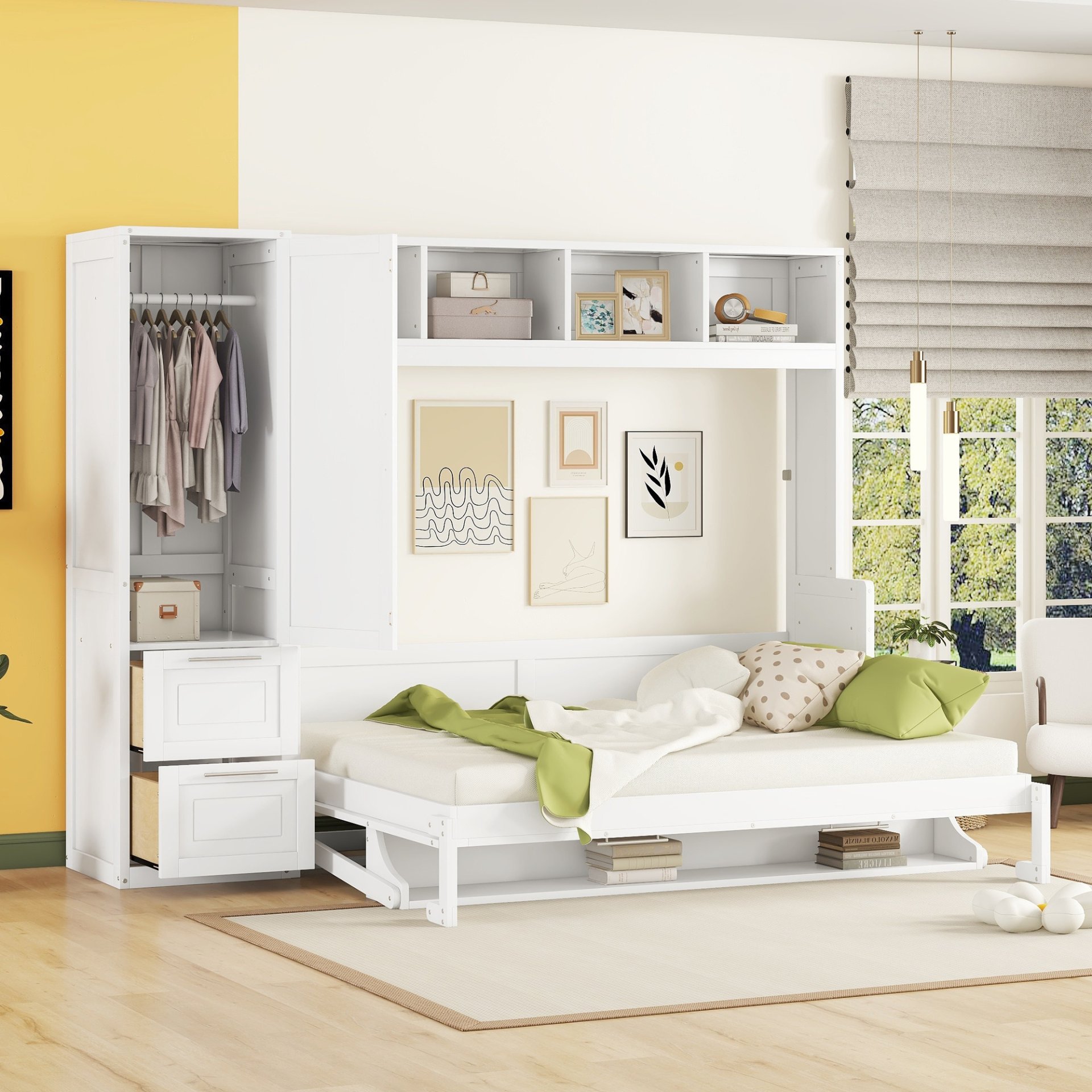 Queen Size Murphy Wall Bed With Closet And Drawers - White - Image 2