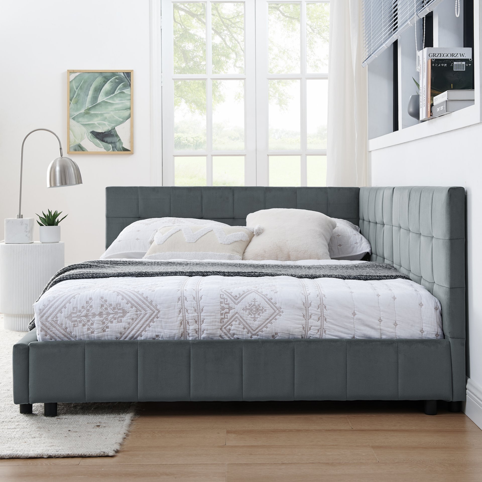 Velvet Full Size Upholstered Tufted Bed Frame With Backrest And Armrests - Gray - Image 4