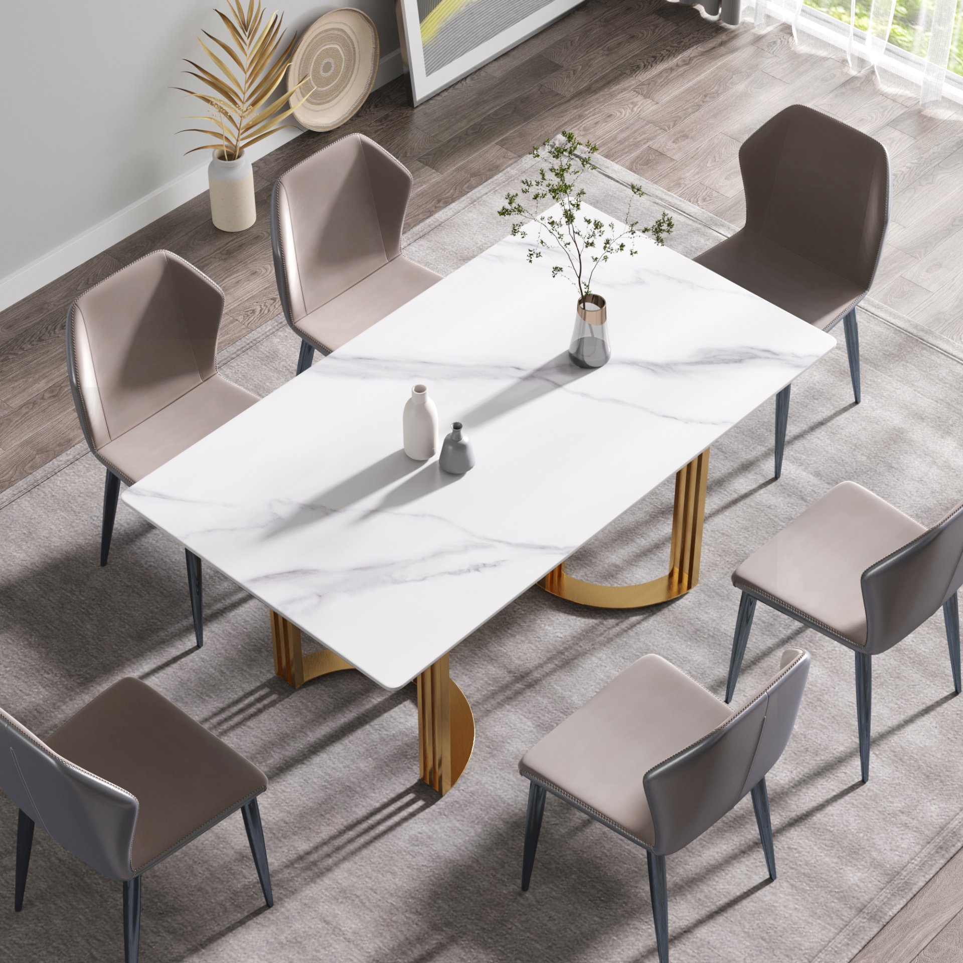 63" Modern Artificial Stone Straight Edge Metal Leg Dining Table, 6 People - White / Gold - Image 4