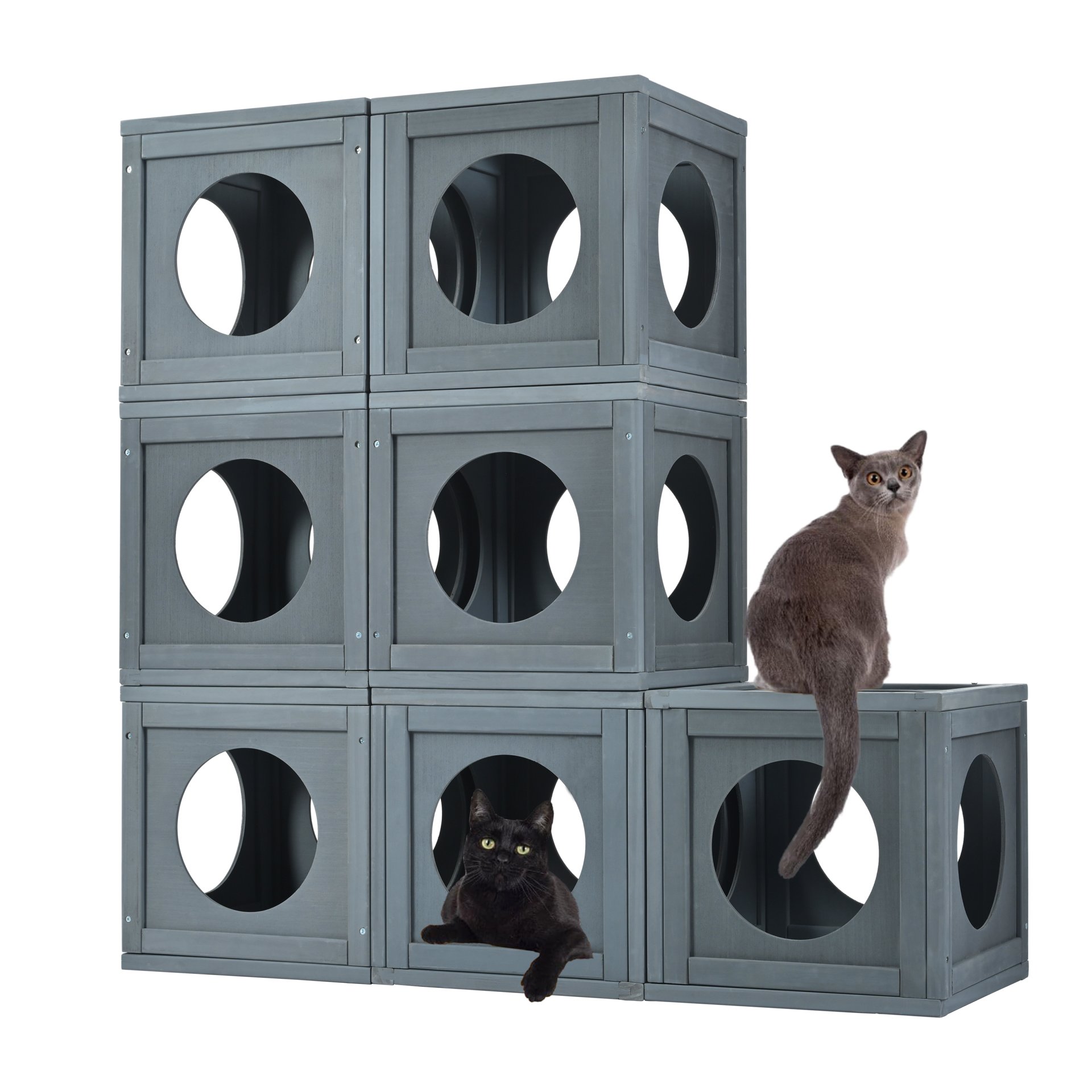Outdoor Cat House With Shelves And Weather Protection, Removable Wood Boxes - Gray - Image 6