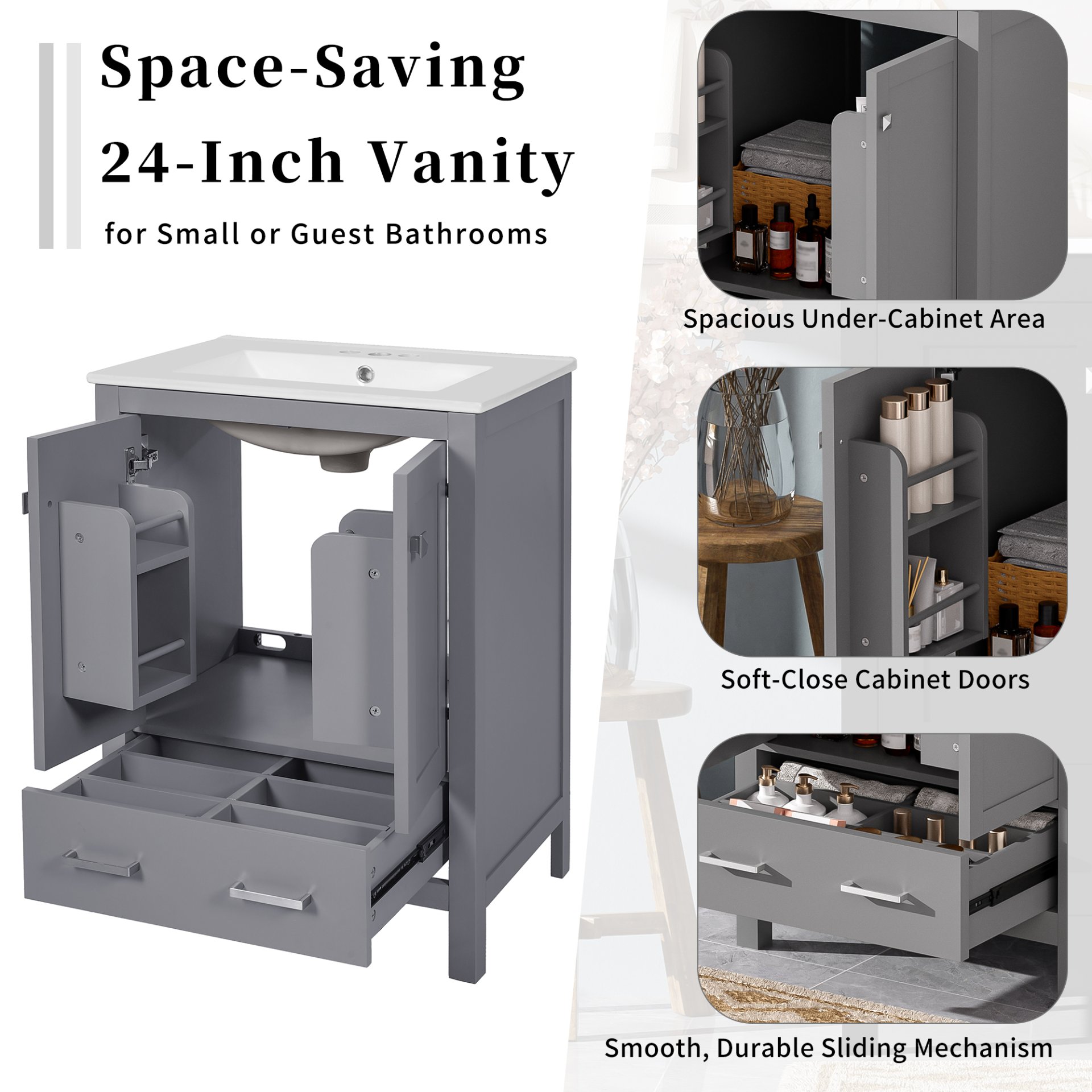 24" Bathroom Vanity With Integrated Undermount Sink, 2 Doors 1 Drawer, Soft Close Hinges, - Gray - Image 6