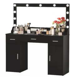 Vanity Desk With Large Mirror, 3 Colour Lighting Modes, Adjustable Brightness, Dresser With 3 Drawers & 2 Vertical Cabinets, Makeup Vanity Table For Women & Girls - Black