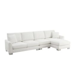 Modern Oversized Sectional Sofa, L-Shaped Luxury Couch Set With 2 Free Pillows, 5 Seat Chenille Indoor Furniture With Chaise - White