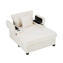 Modern Oversized Chair With Ottoman, Chenille Fabric Sofa Bed, Accent Chair Comfy Sofa With Cupholders And USB Charging Ports Chair For Living Room, Bedroom, Apartment - Beige