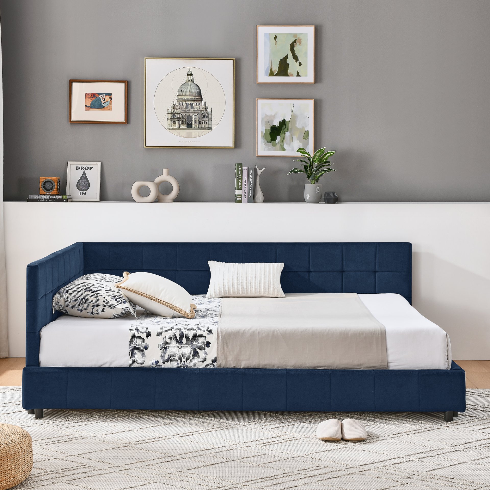 Mid Century Velvet Full Size Upholstered Tufted Bed Frame With Comfortable Backrest And Armrests - Dark Blue - Image 5