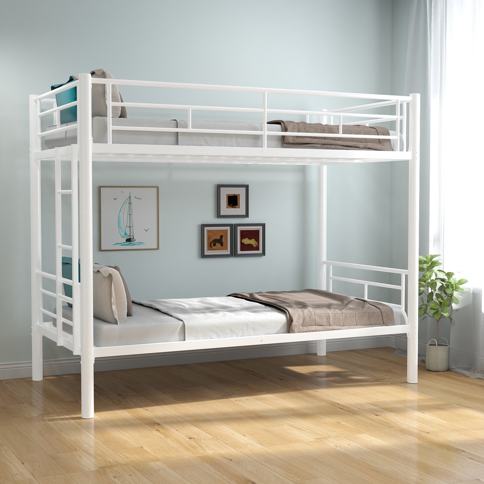 Twin Over Twin Bunk Bed With Ladder, High Guardrail, Storage, Noise Free - White - Image 21