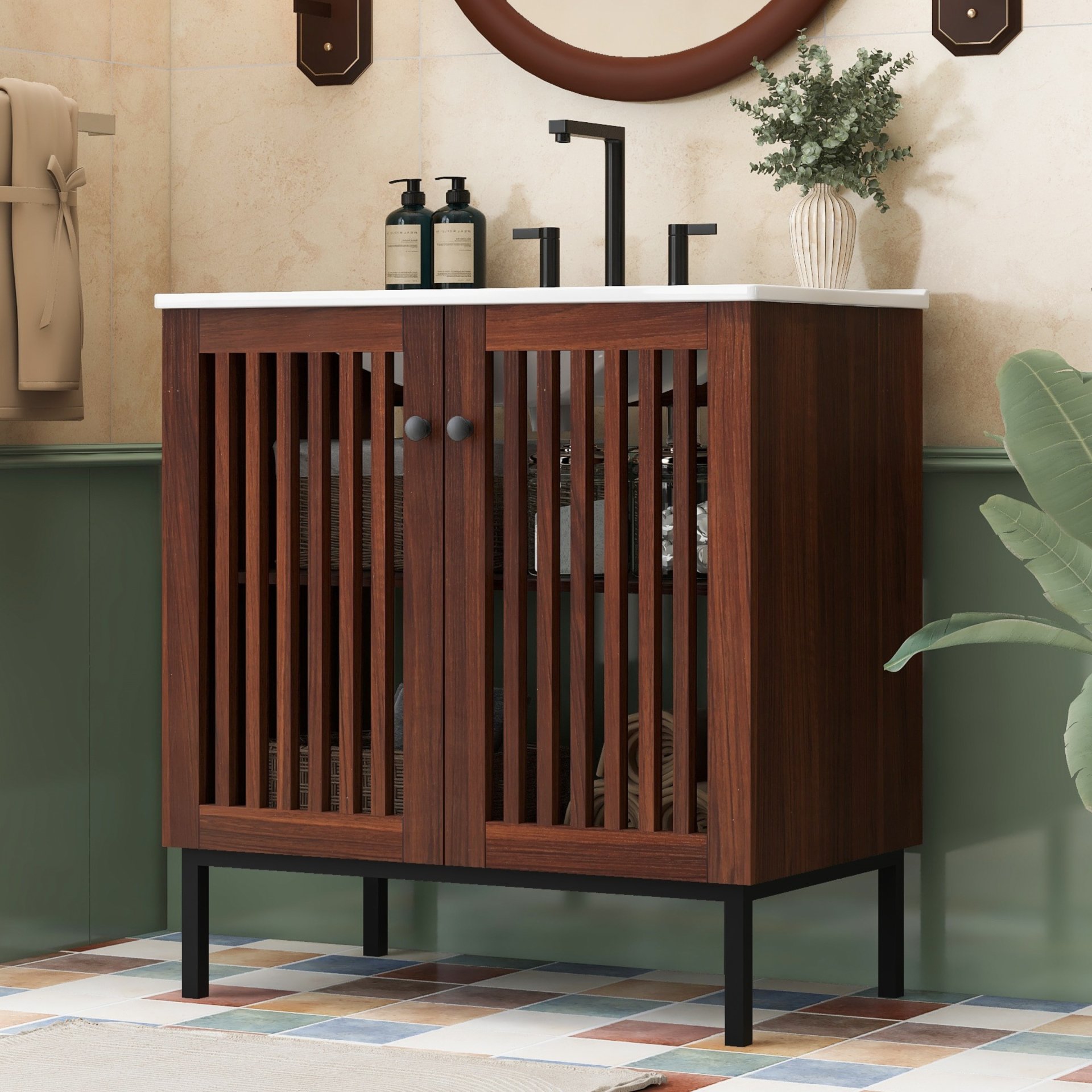 30" Vintage Bathroom Vanity With Ceramic Sink, Modern Bathroom Vanity Cabinet With 2 Soft Close Doors, Equpiied With 4 Sturdy Iron Legs - Antique Dark Brown - Image 4