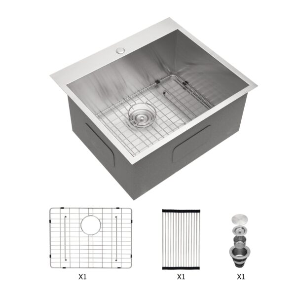Premium Laundry Sink Drop In 25" X 22" Utility Sink 16 Gauge Stainless Steel Topmount, 12" Deep Single Bowl - Brushed Nickel