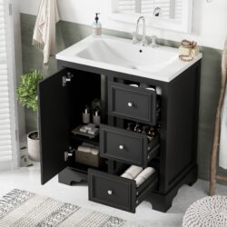 Bathroom Vanity Cabinet With Ceramic Basin, 3 Drawers And Adjustable Shelves - Black