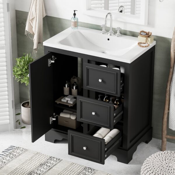 Bathroom Vanity Cabinet With Ceramic Basin, 3 Drawers And Adjustable Shelves - Black