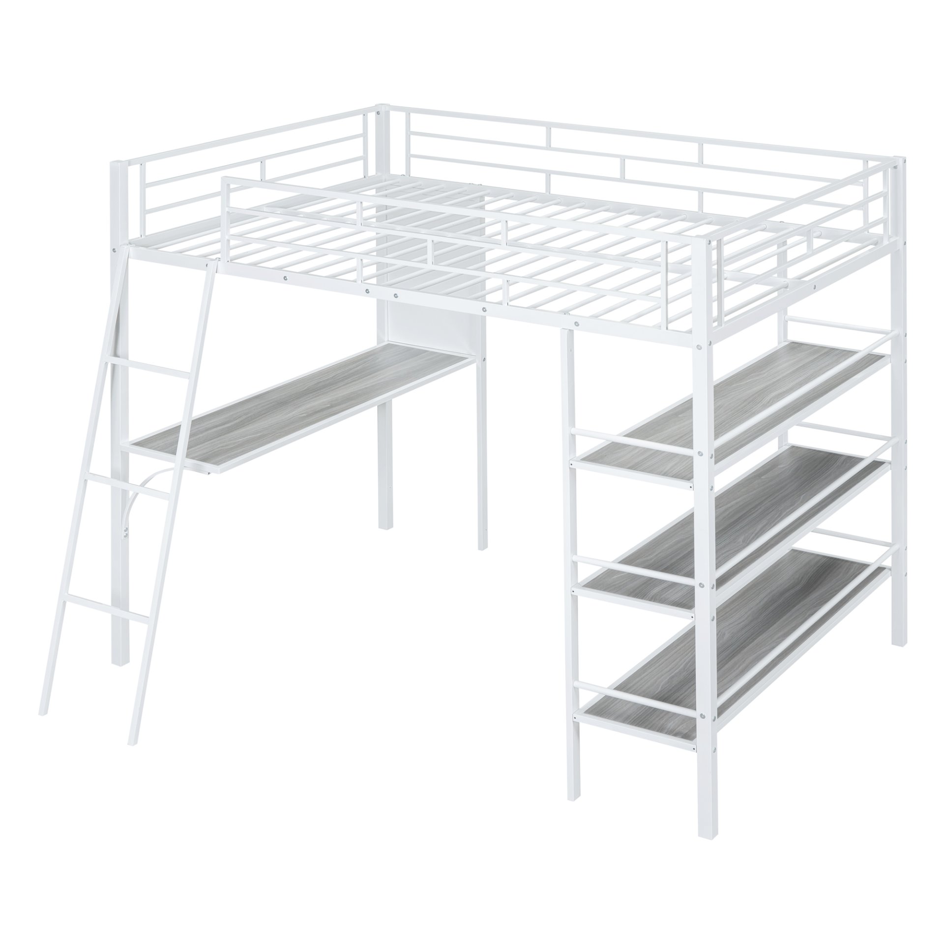 Full Size Loft Bed With 3 Layers Of Shelves And Desk, Stylish Frame Bed - White - Image 9