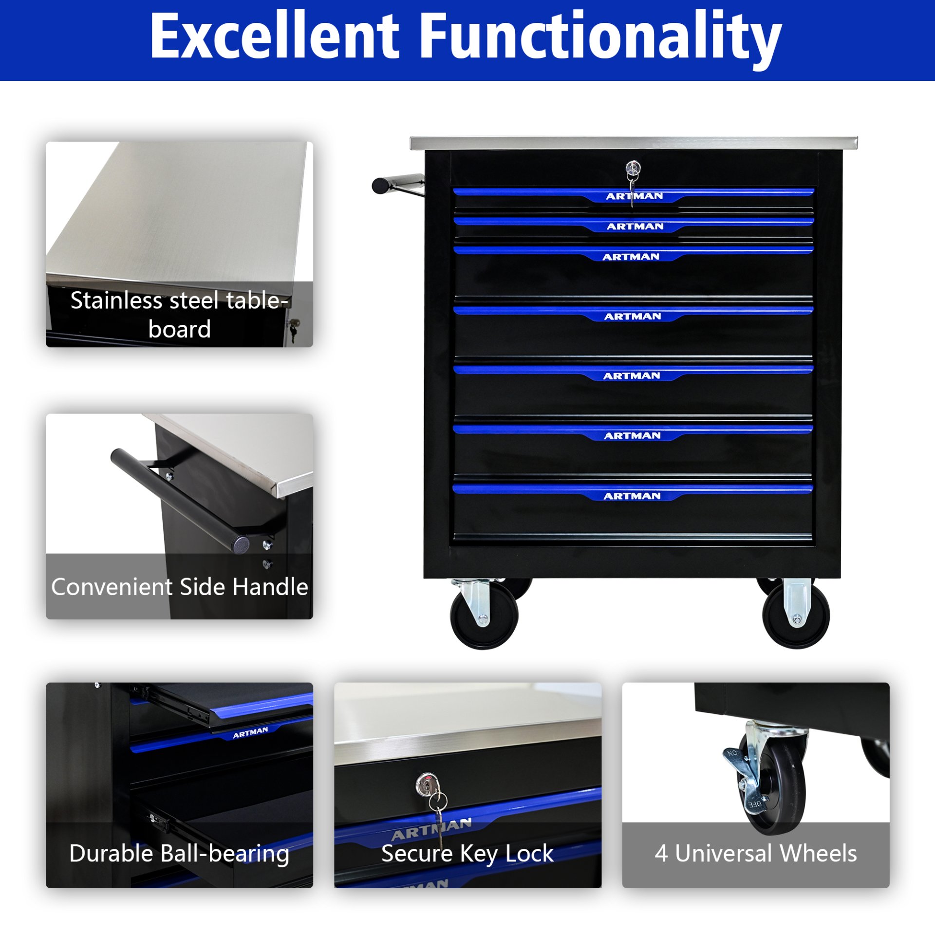 7 Drawer Multifunctional Tool Cart With Wheels - Black / Blue - Image 9