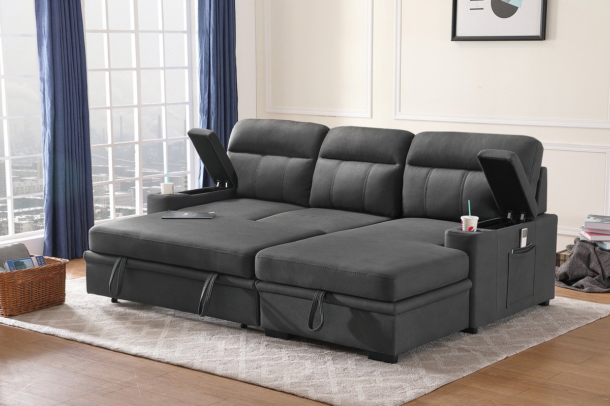 Kaden - Sleeper Sectional Sofa Chaise With Storage Arms And Cupholder - Gray - Image 4