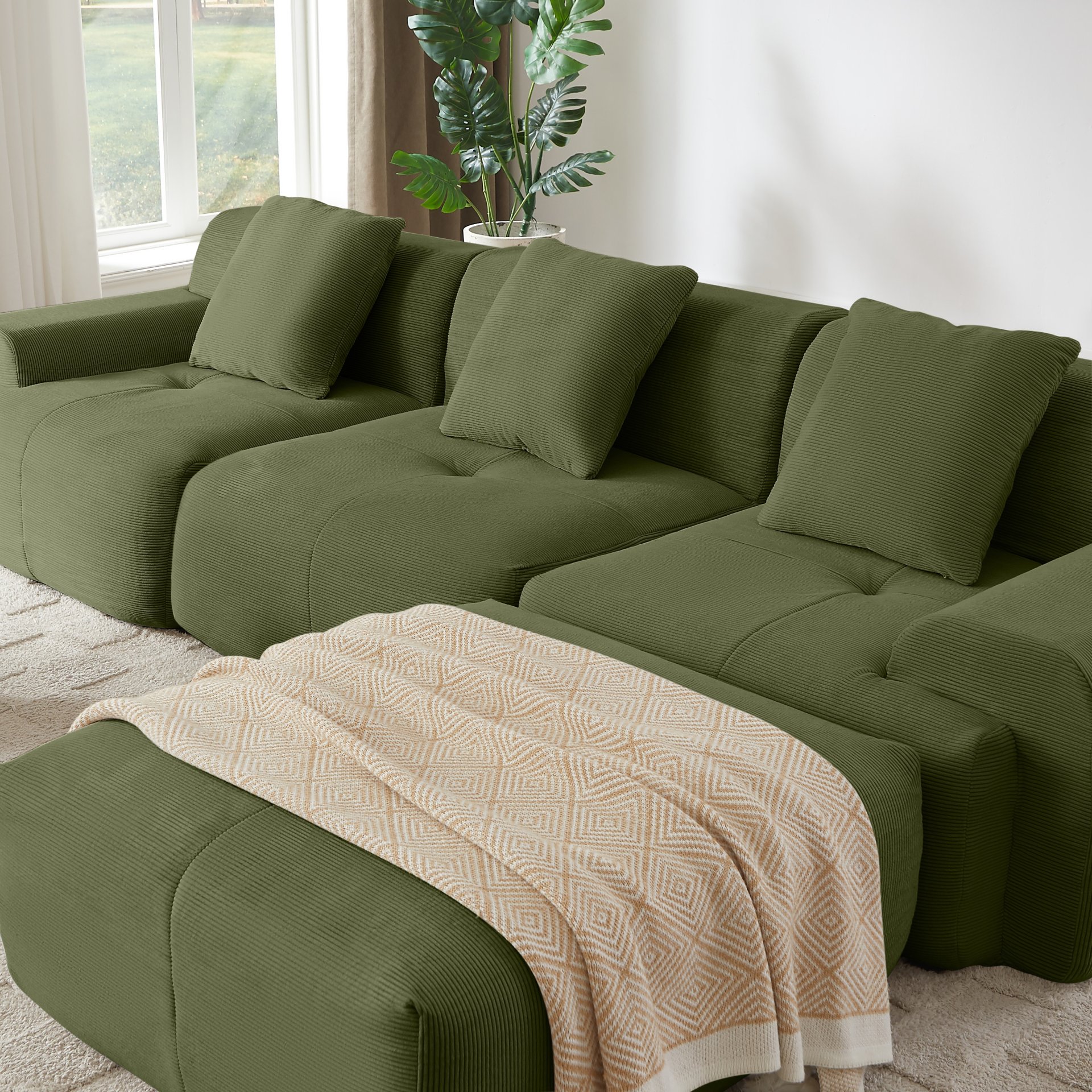 L Shaped Modular Sectional Sofa, Oversized 3 Seater With Deep Seat And Movable Ottoman - Green - Image 5
