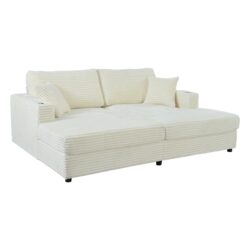 Oversized Loveseat Chaise Lounge Sectional Sofa Bed Corduroy Sleeper Sofa With 2 USB Ports, 2 Cup Holders And 2 Throw Pillows For Living Room And Bedroom - Beige