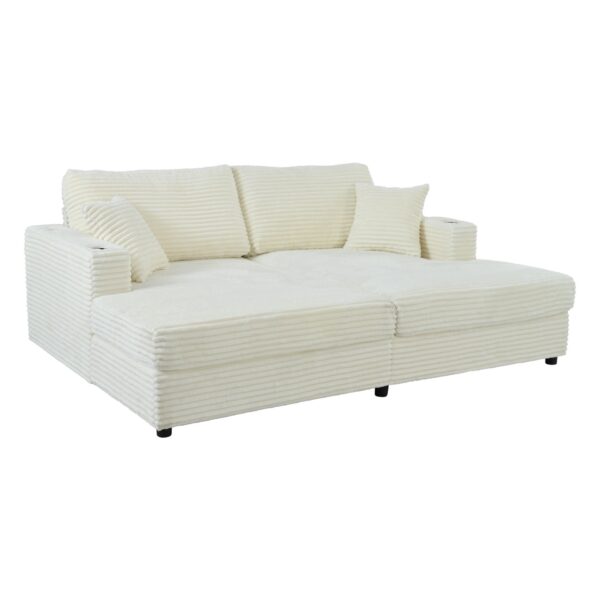 Oversized Loveseat Chaise Lounge Sectional Sofa Bed Corduroy Sleeper Sofa With 2 USB Ports, 2 Cup Holders And 2 Throw Pillows For Living Room And Bedroom - Beige