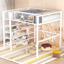 Full Size Loft Bed With 4 Tier Shelves And Storage - White