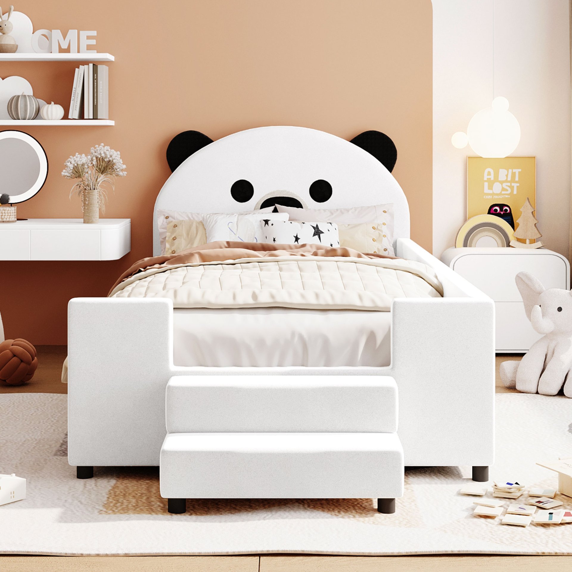 Twin Size Upholstered Daybed With Bear Shaped Headboard, Hydraulic System And Breathable Mesh Fence - White - Image 2