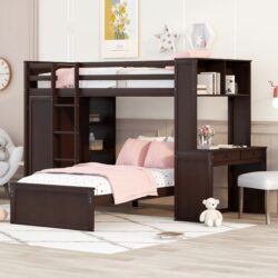 Twin Size Loft Bed With A Stand Alone Bed, Shelves, Desk, And Wardrobe - Espresso