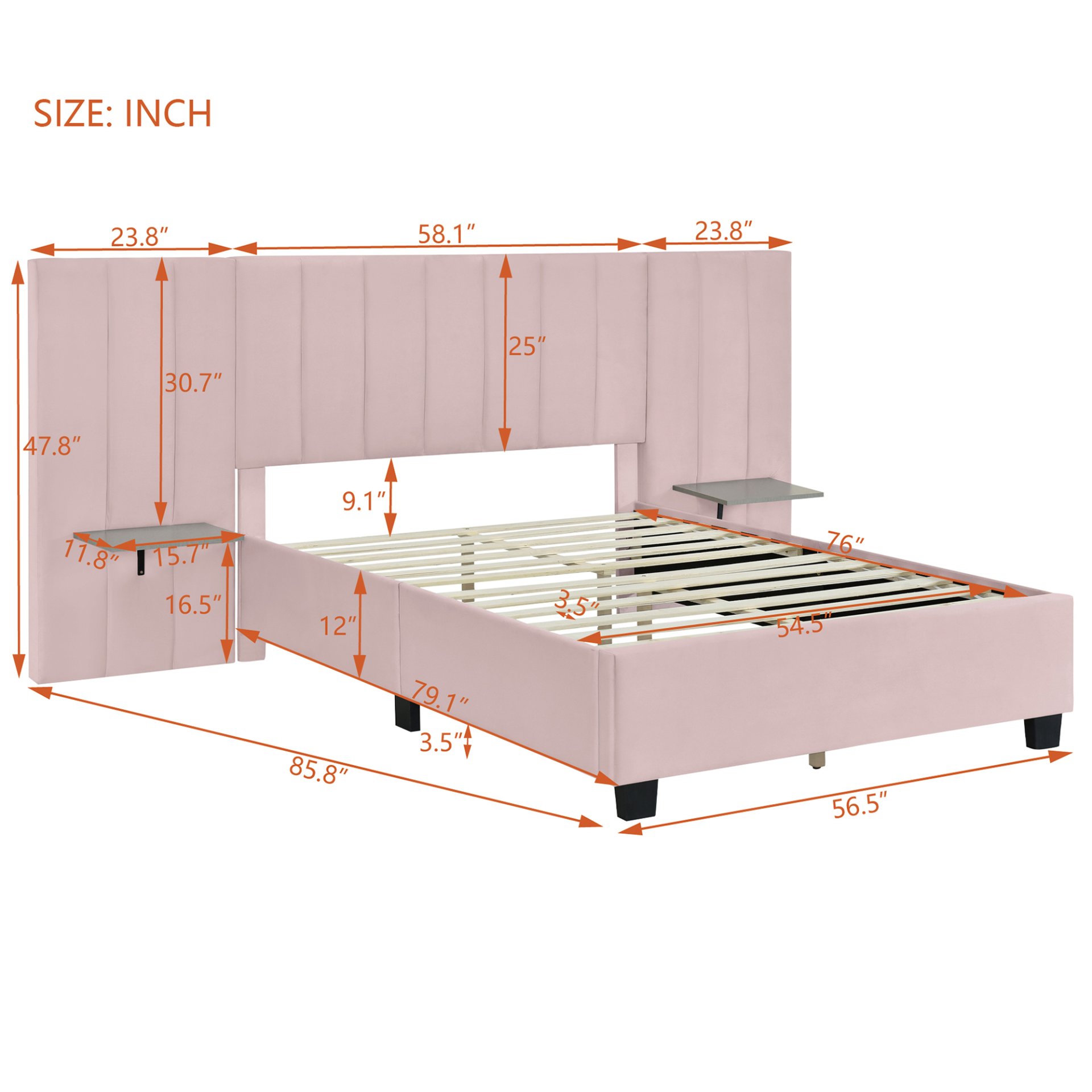 Full Size Upholstered Platform Bed With Big Headboard - Pink - Image 7