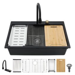 Modern Quartz Composite Waterfall Kitchen Sink With Pull Out Faucet, 33 X 22" - Black