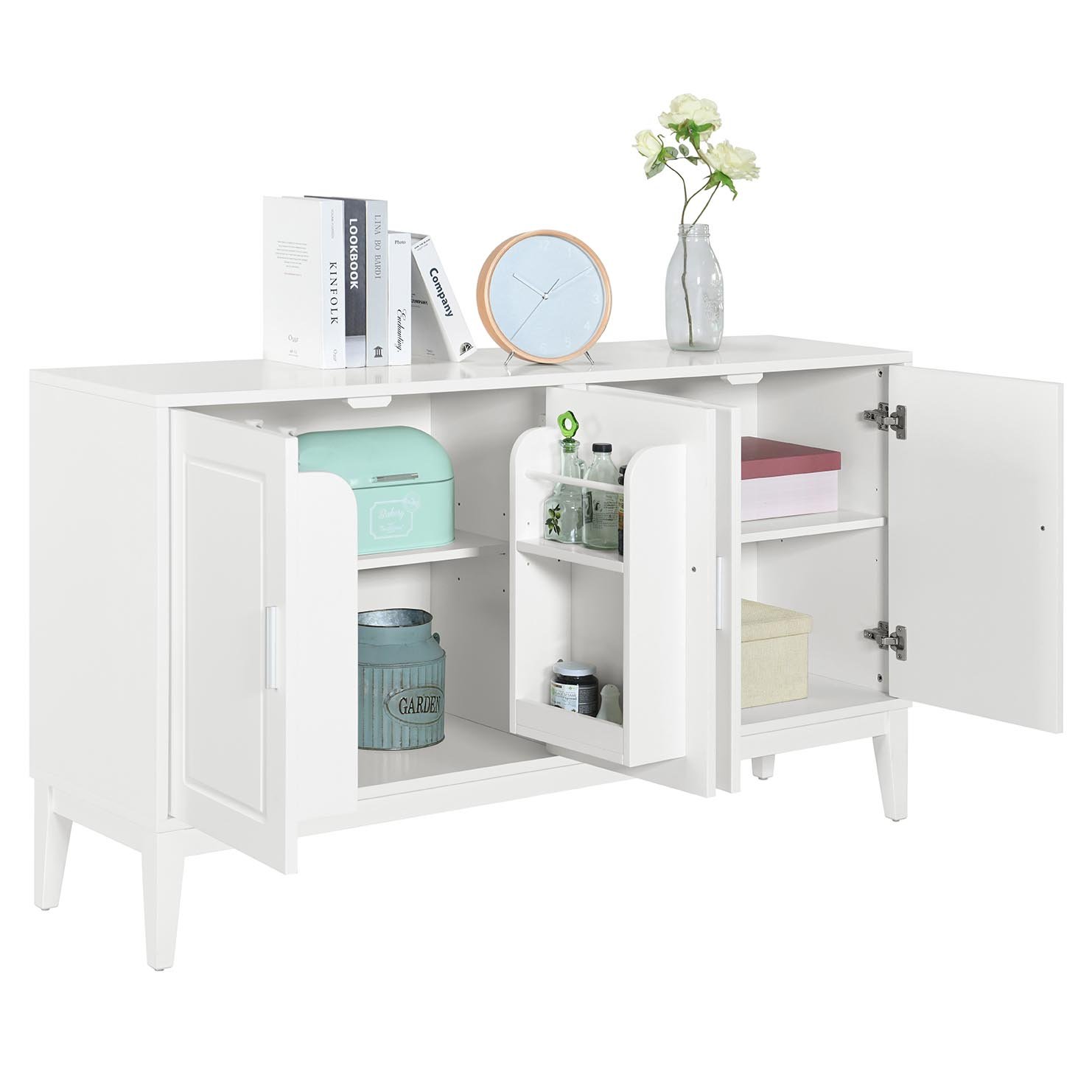 4 Door Sideboard Storage Cabinet With Door Shelf For Living Room And Dining Room, 2 Large Cabinets With Adjustable Shelf - White - Image 11