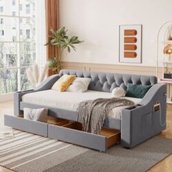 Twin Size Upholstered Daybed With Storage Armrests And USB Port - Gray
