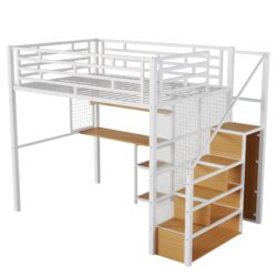 Full Size Metal Loft Bed With Wardrobe, Desk, Storage Shelves - White
