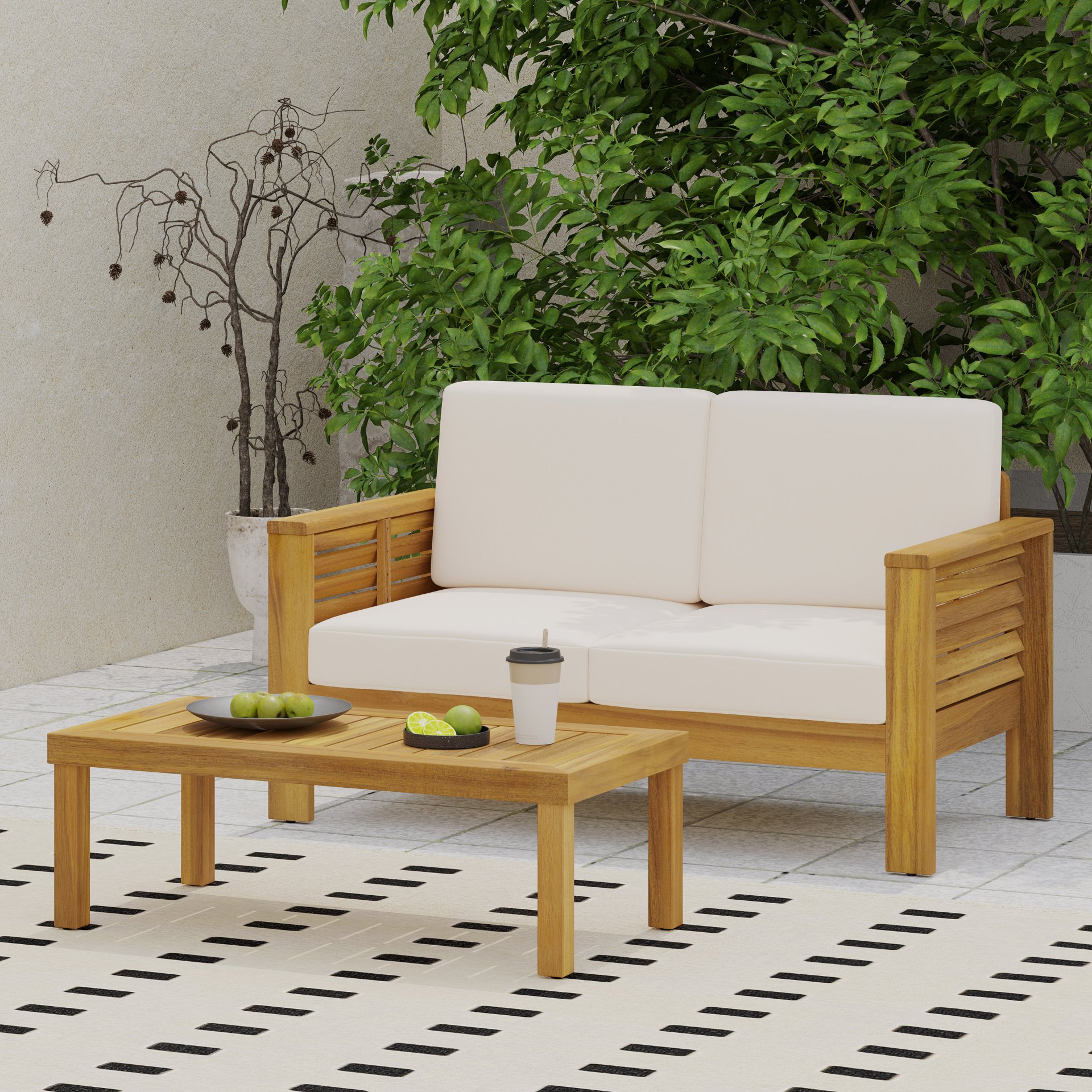 Outdoor Wooden Set With Loveseat, Coffee Table And Water Resistant Cushions - Teak / Cream - Image 9