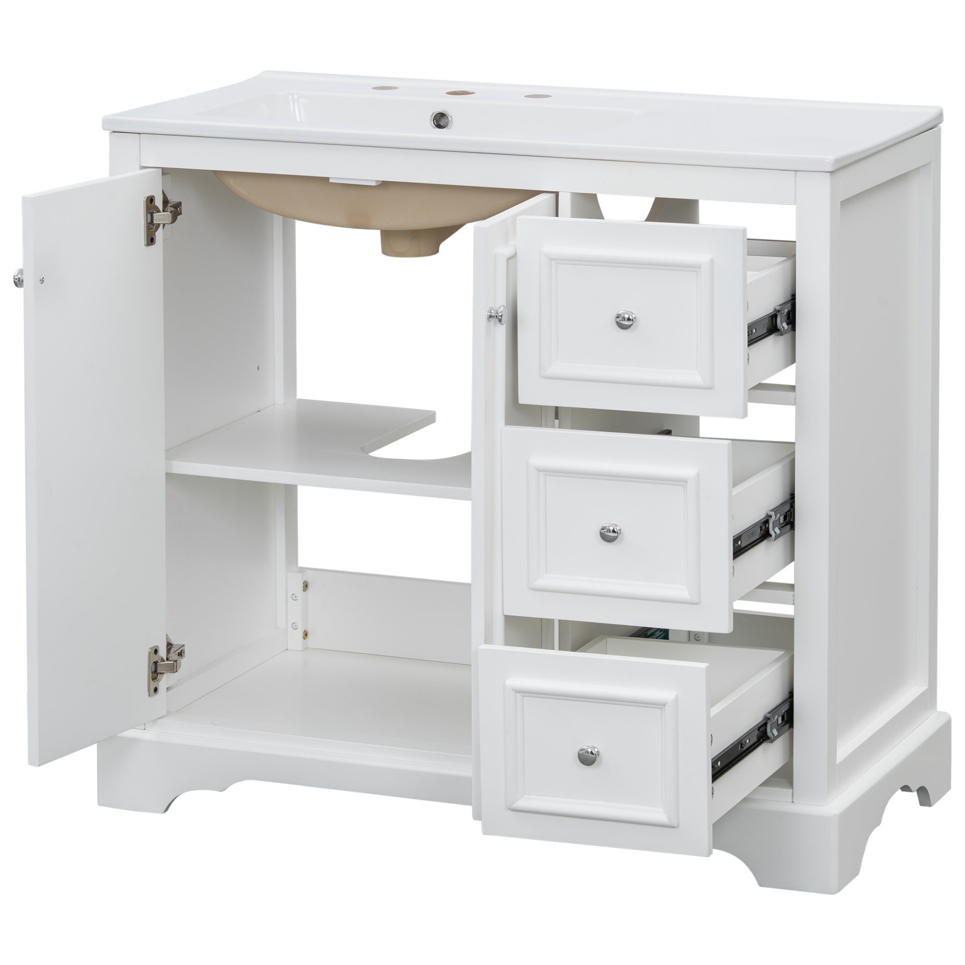 36" Transitional Bathroom Vanity With Sink, Soft Close Doors, Adjustable U Shelf, 3 Drawers - White - Image 14