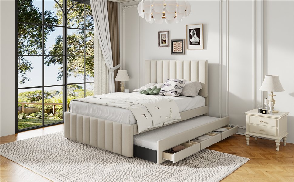 Full Size Upholstered Platform Bed With Twin Size Trundle And 3 Drawers - Beige - Image 15