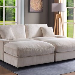 Modular Sectional Sofa, 4 Seater Oversized Sectional Sofa, Corduroy Fabric With 2 Ottoman Bench And 2 Pillows, Modular Sectionals Sofa Couch For Living Room - Cream