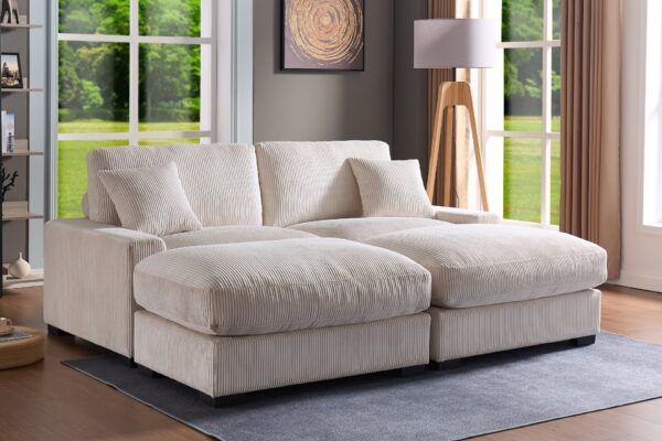 Modular Sectional Sofa, 4 Seater Oversized Sectional Sofa, Corduroy Fabric With 2 Ottoman Bench And 2 Pillows, Modular Sectionals Sofa Couch For Living Room - Cream