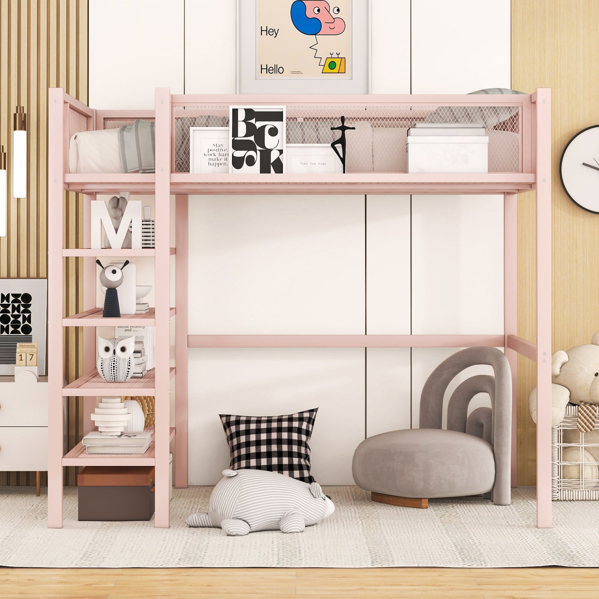 Twin Size Loft Bed With 4 Tier Shelves And Storage - Pink - Image 2