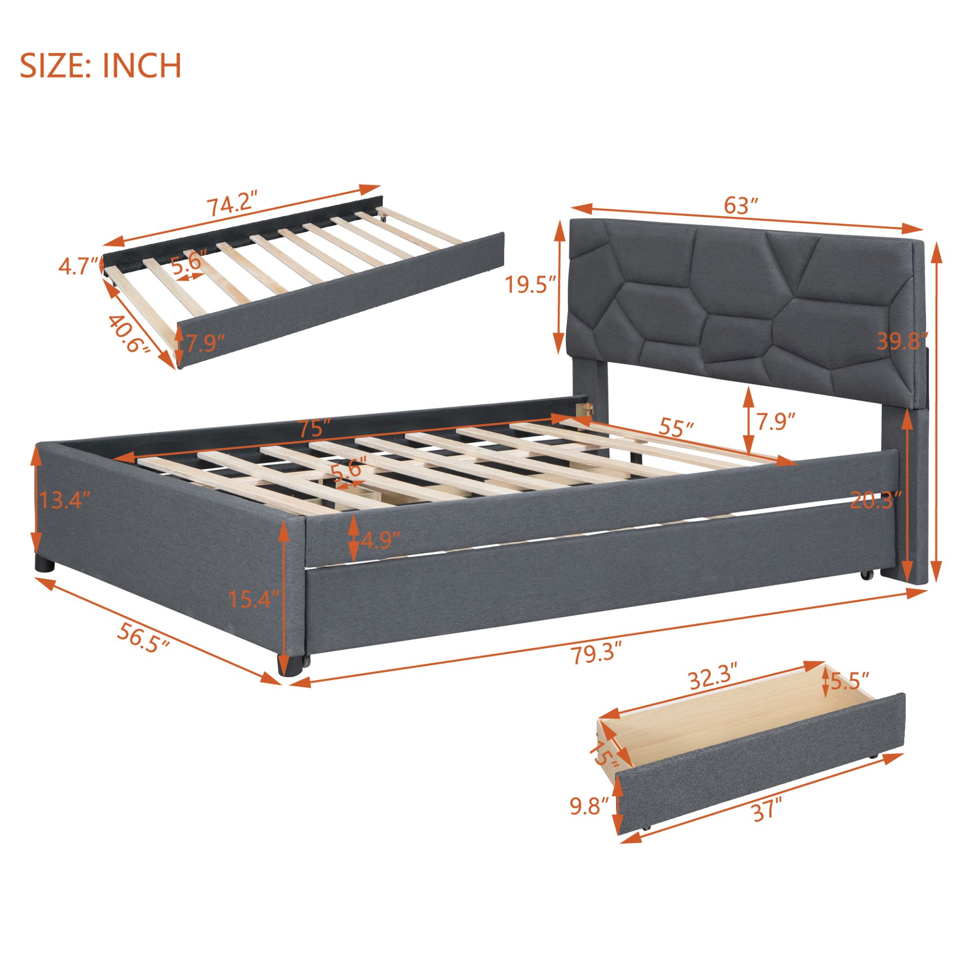 Full Size Upholstered Platform Bed With Brick Pattern Headboard, With Twin Size Trundle And 2 Drawers - Gray - Image 16