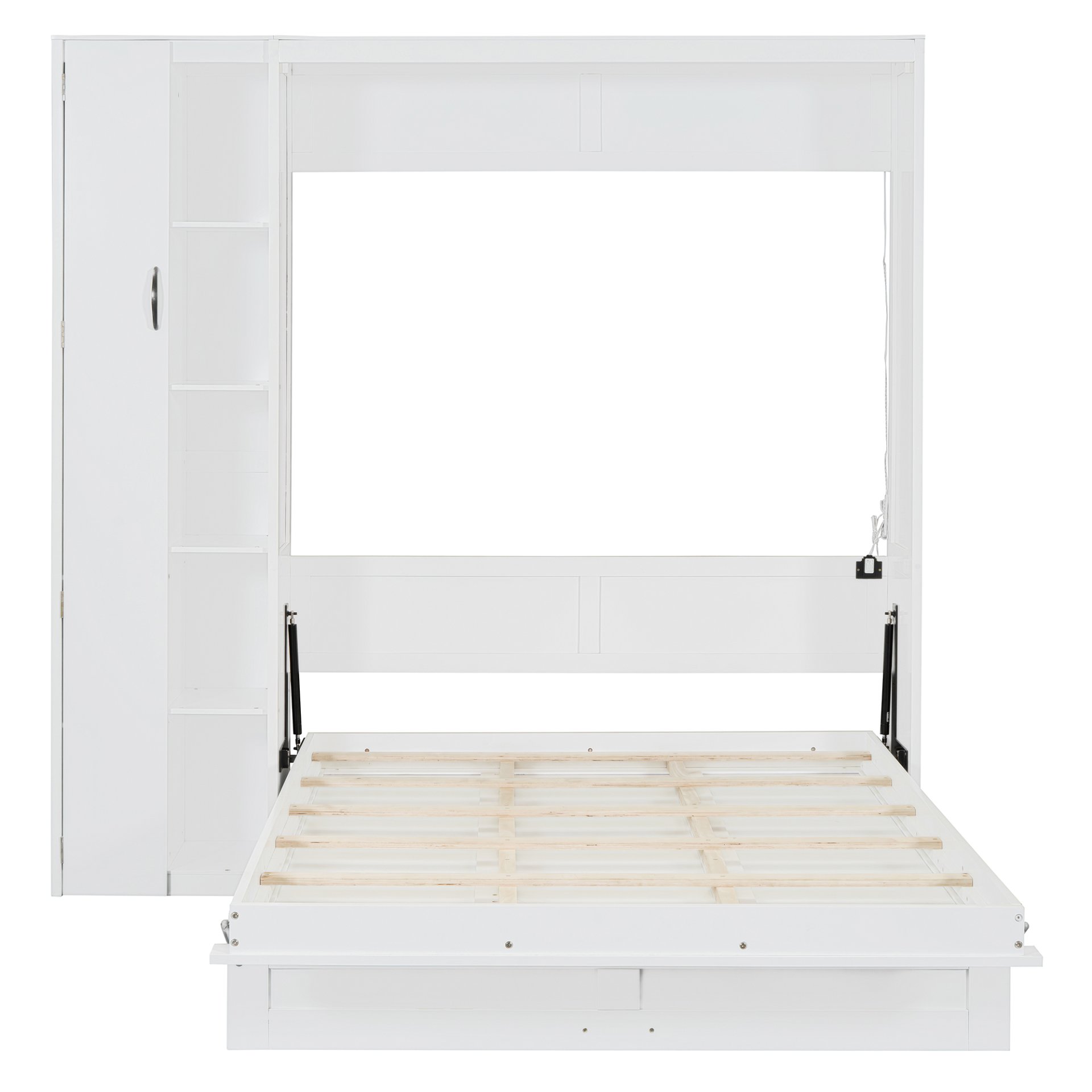 Full Size Murphy Wall Bed With Shelves, Wardrobe And LED Lights - White - Image 21