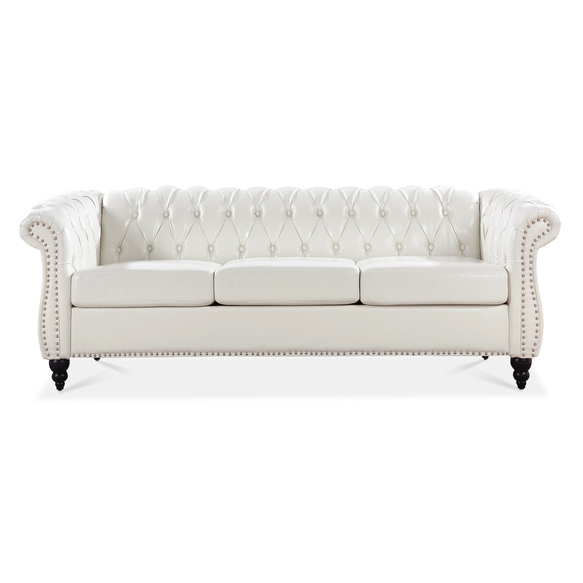 84.65" Rolled Arm Chesterfield 3 Seater Sofa - White - Image 6