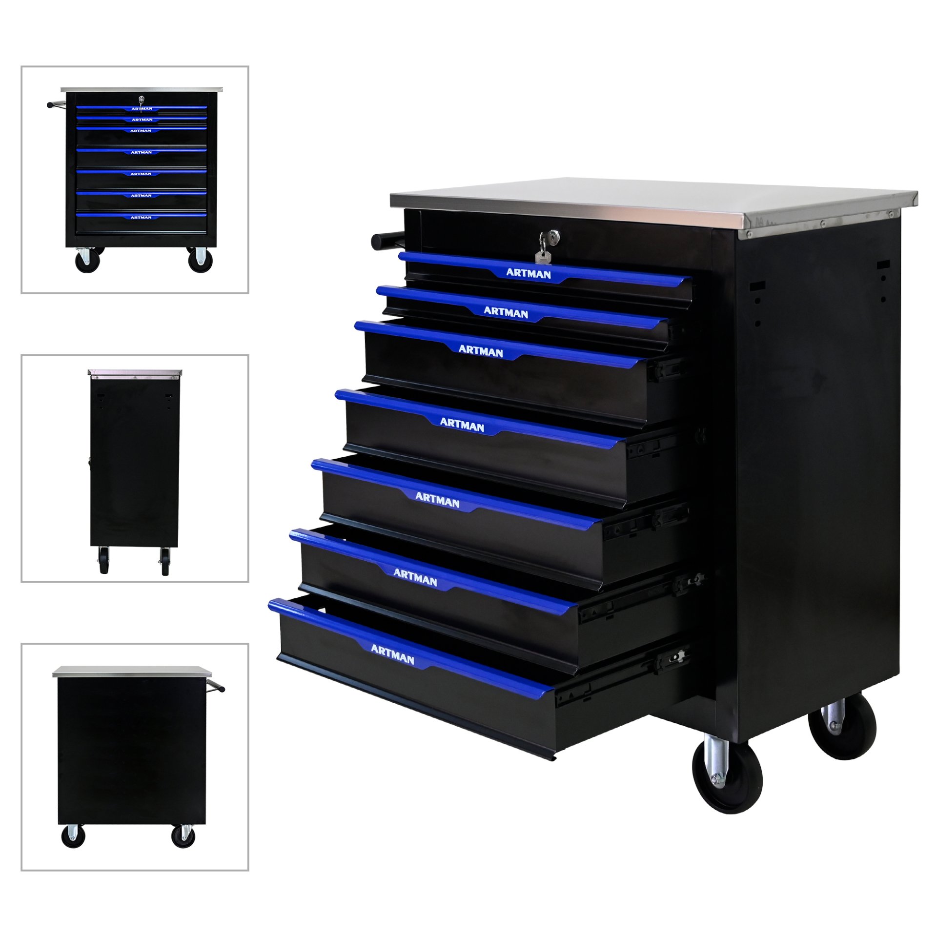7 Drawer Multifunctional Tool Cart With Wheels - Black / Blue - Image 10