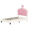 Twin Size Upholstered Princess Bed & Crown Headboard, Twin Size Platform Bed With Headboard And Footboard - White / Pink - Image 5