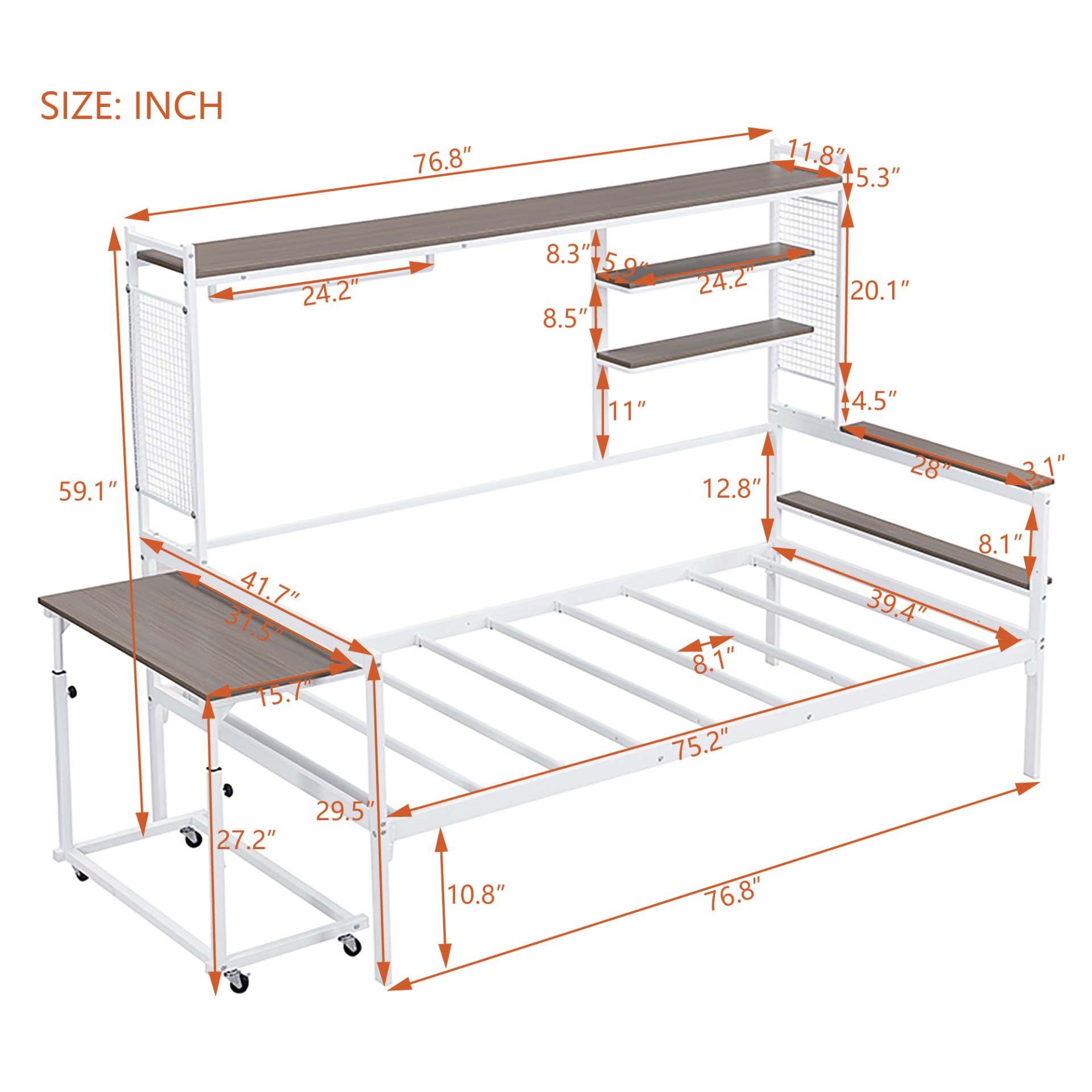 Twin Size Daybed With Movable Desk, Grid, Shelves And Clothes Hanger - White - Image 5
