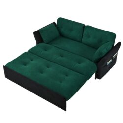 Modern Convertible Sleeper Sofa Bed With Pull Out Queen Design, Side Storage & Thick Cushions Chenille Loveseat For Living Room Or Bedroom 3 In 1 Function - Green