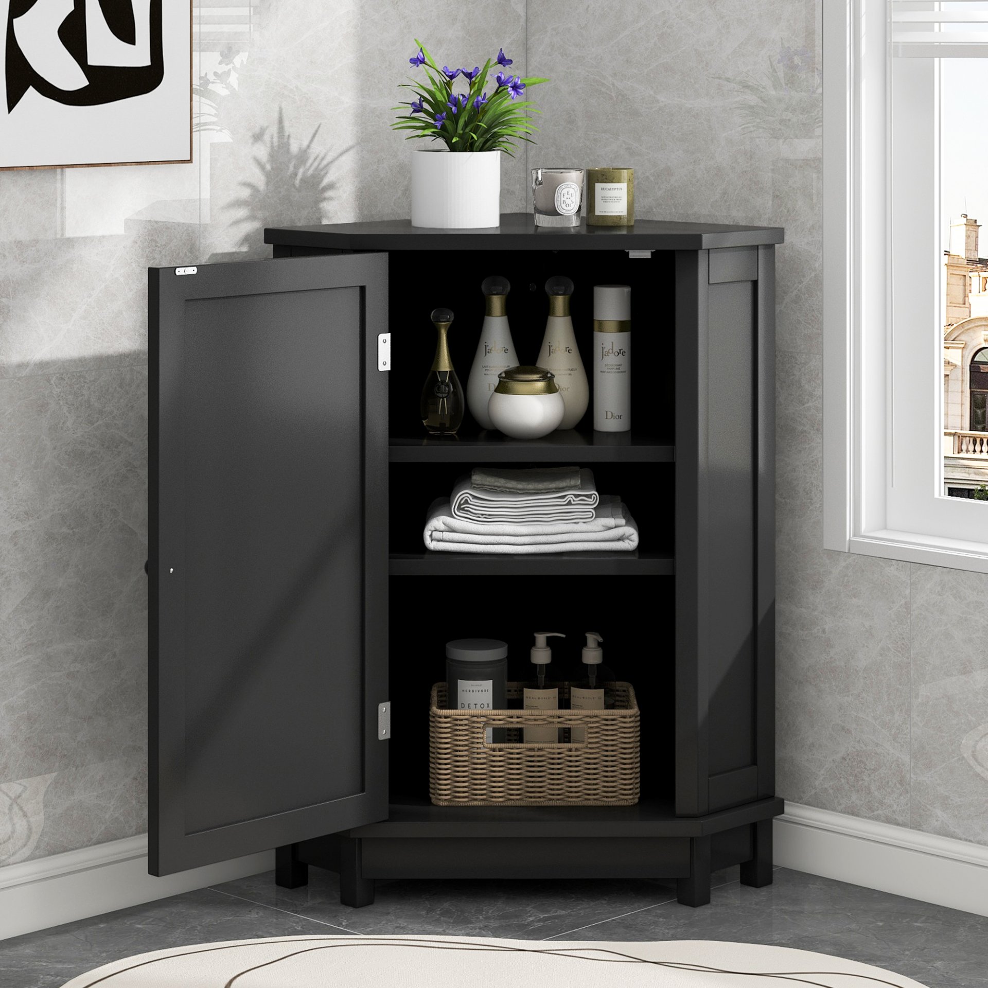 Bathroom Cabinet Triangle Corner Storage Cabinet With Adjustable Shelf Modern Style - Black - Image 2