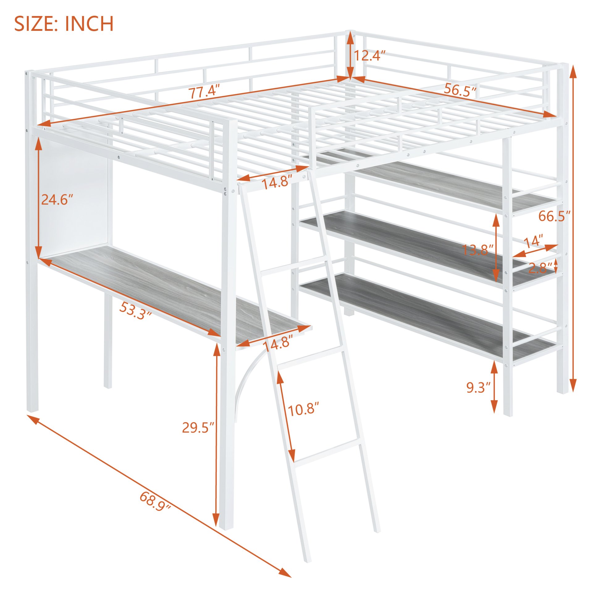Full Size Loft Bed With 3 Layers Of Shelves And Desk, Stylish Frame Bed - White - Image 5