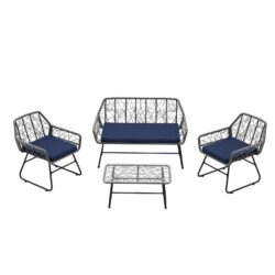 Elegant Wicker Patio Furniture Set With Glass Table And Removable Cushion For Easy Cleaning - Blue