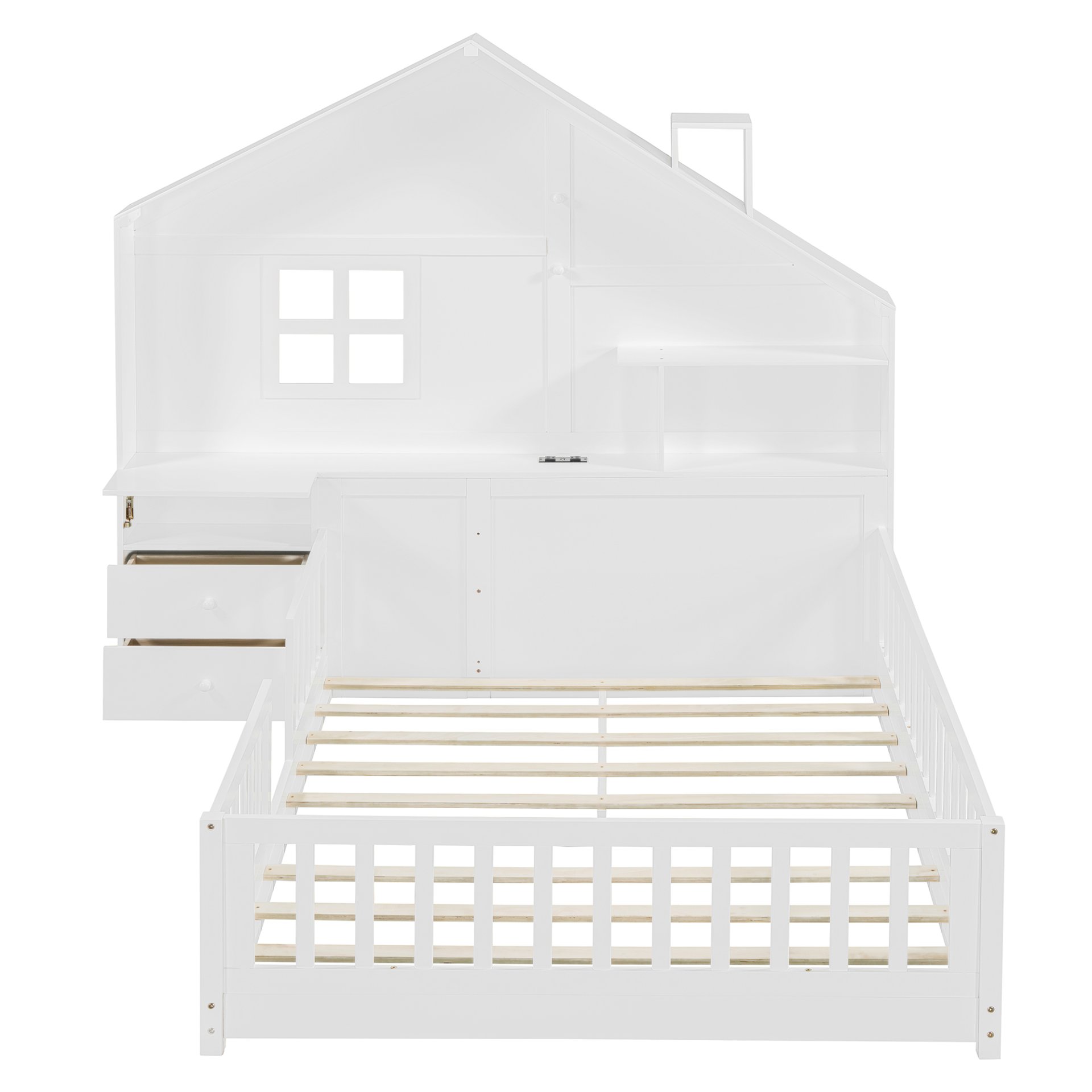 Full Size House Bed With Window And Bedside Drawers, Platform Bed With Shelves And A Set Of Sockets And USB Port - White - Image 4